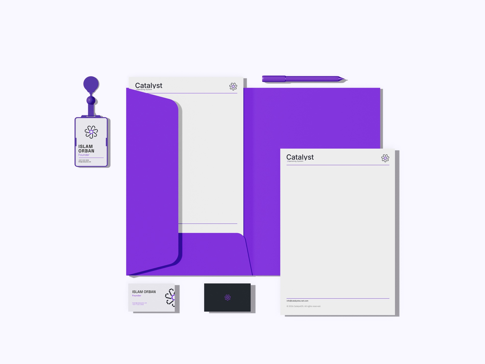 Catalyst stationery system — folder, letterhead, lanyard badge and cards in violet, Aura and Void.
