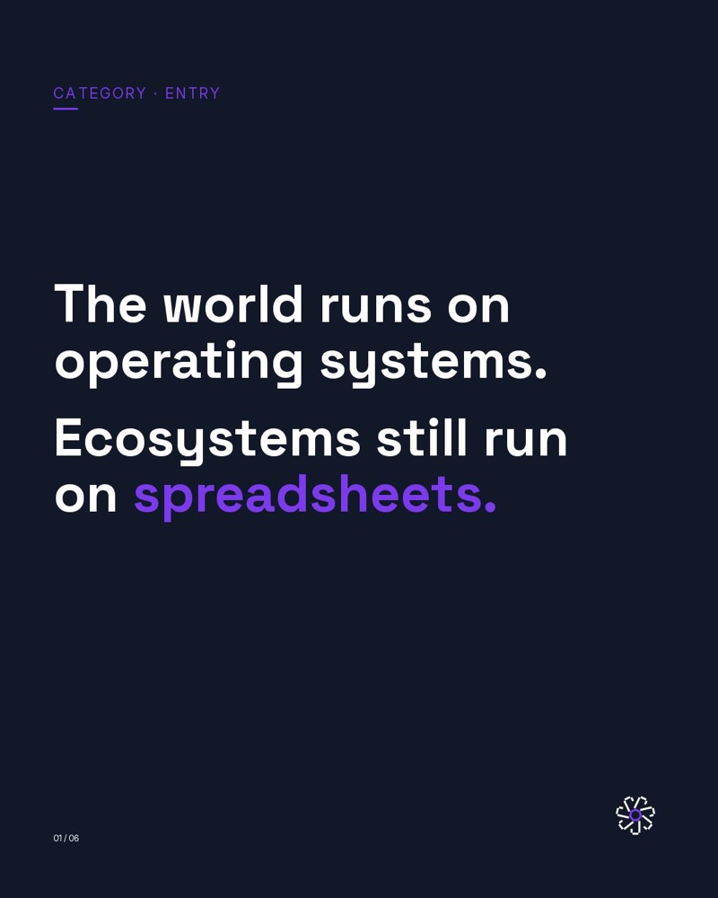 Slide one: The world runs on operating systems. Ecosystems still run on spreadsheets.