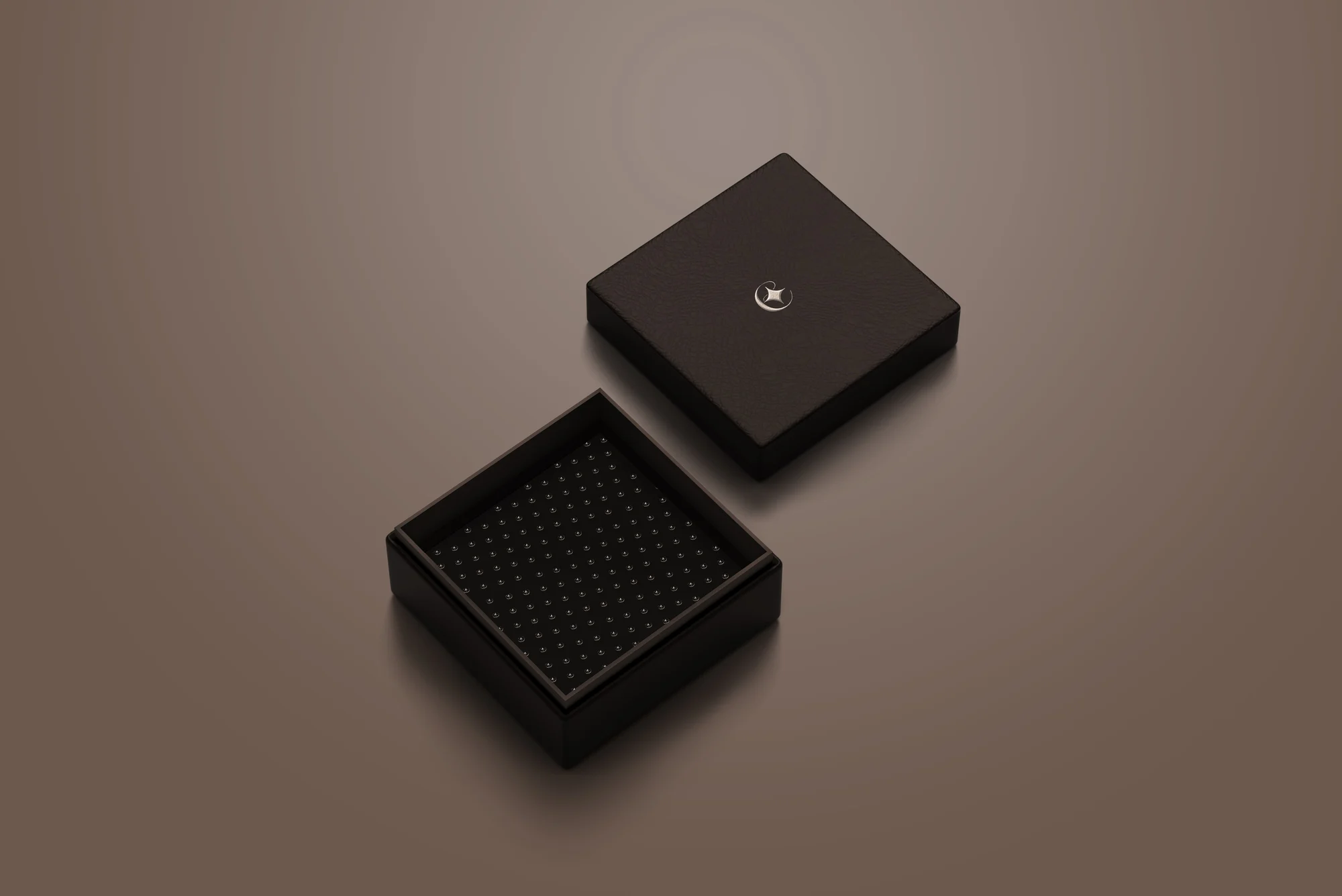 EIMA — leather presentation box, embossed monogram, sparkle-pattern lining