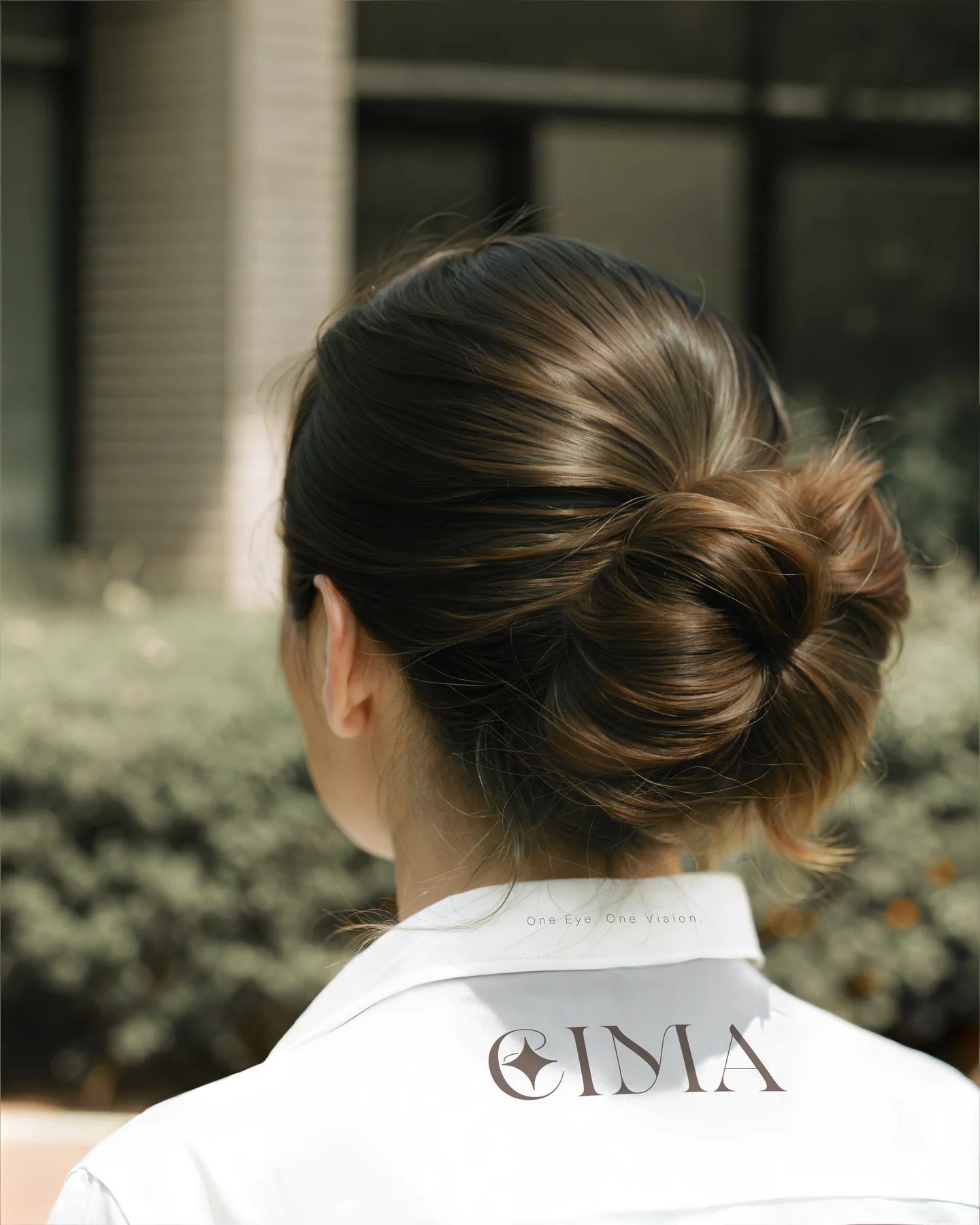 EIMA — the collar, the fall of fabric, in a garden of green-glass light