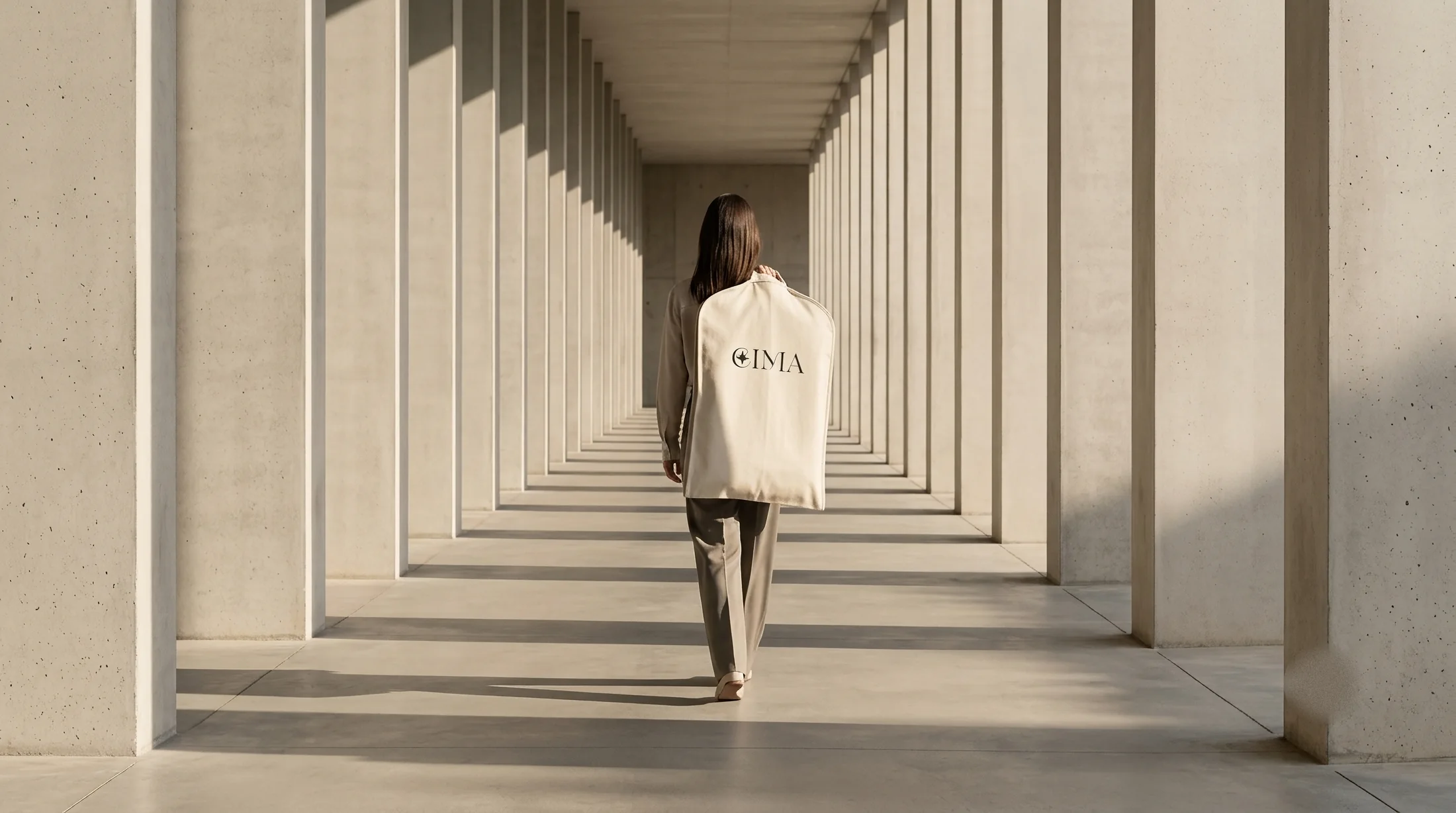 EIMA — the wordmark on a garment bag, carried through a colonnade