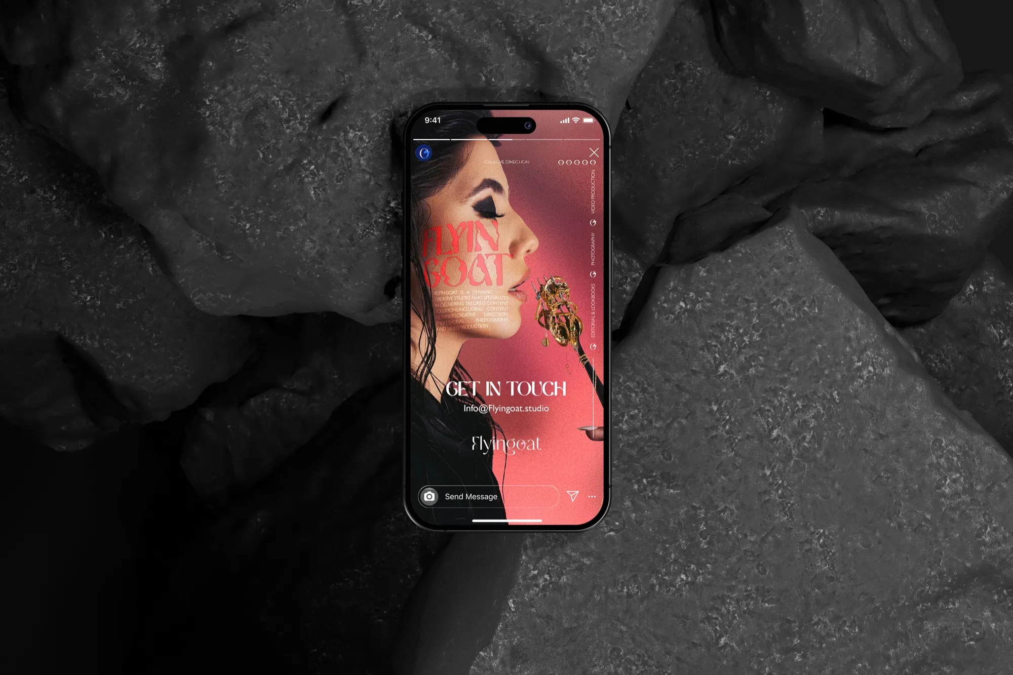 Flyingoat — the reveal, the story on a phone on stone