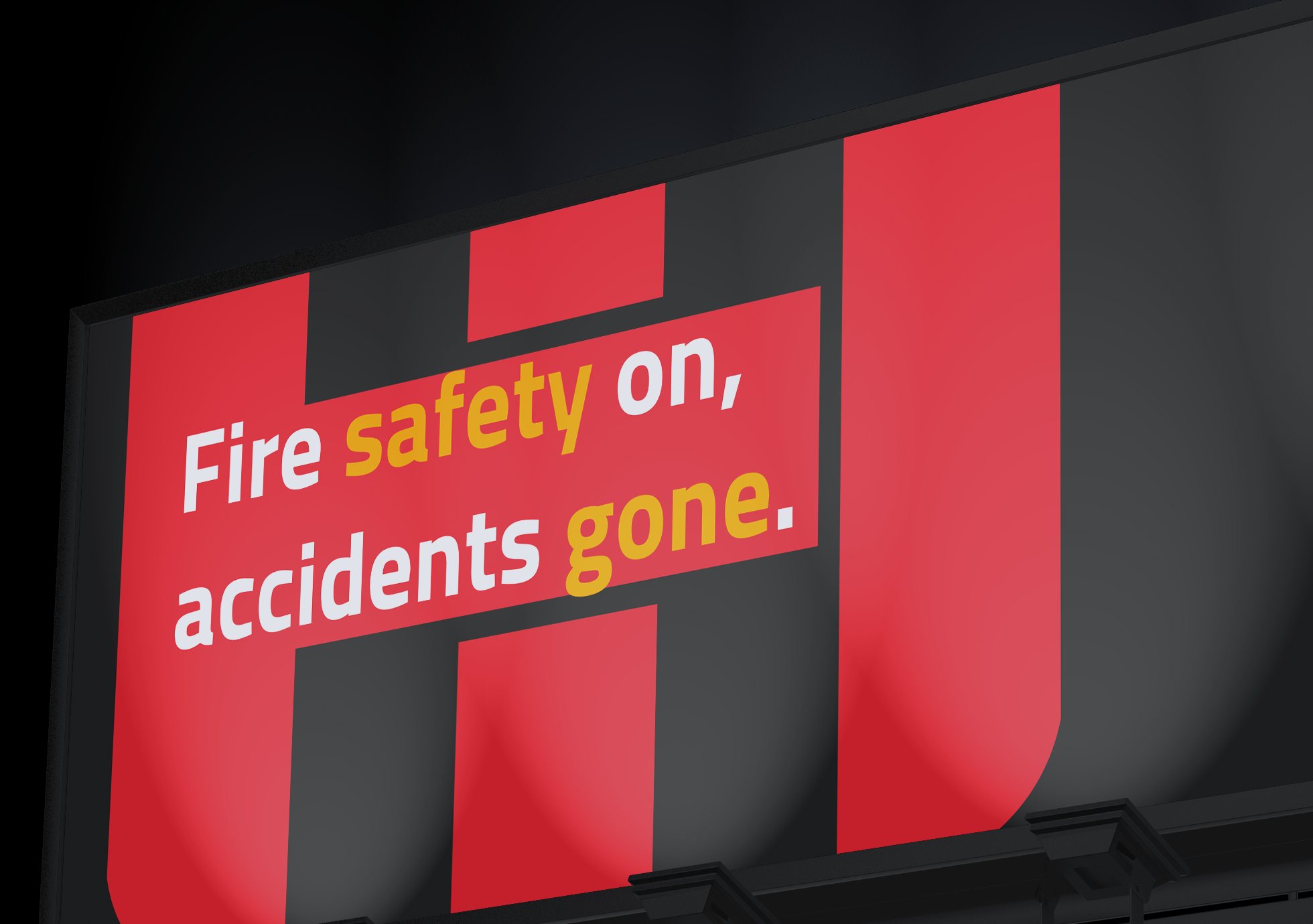 Hi Tech Pro billboard — 'Fire safety on, accidents gone.' in red, amber and white over the oversized shield