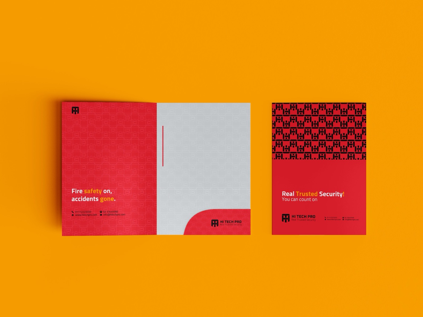 A red Hi Tech Pro presentation folder, open
