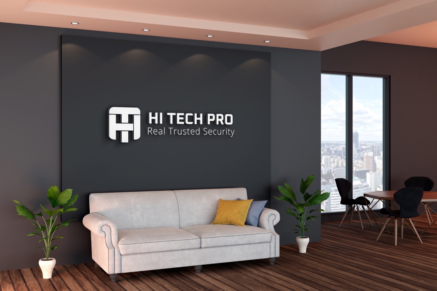 Hi Tech Pro reception signage — the chrome lockup on a dark office wall, city skyline beyond