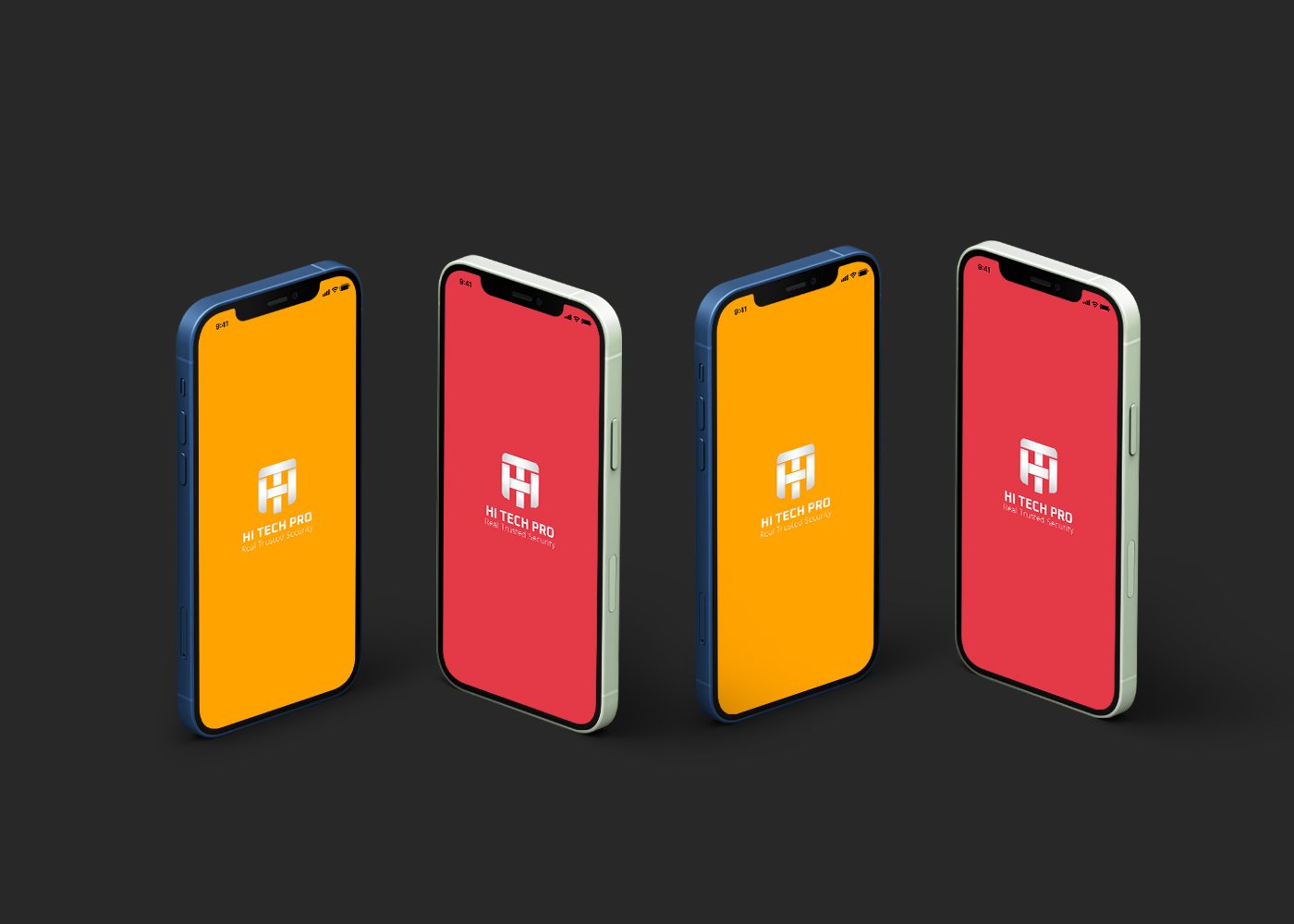 Hi Tech Pro app splash screens across four phones, in red and amber on a dark ground