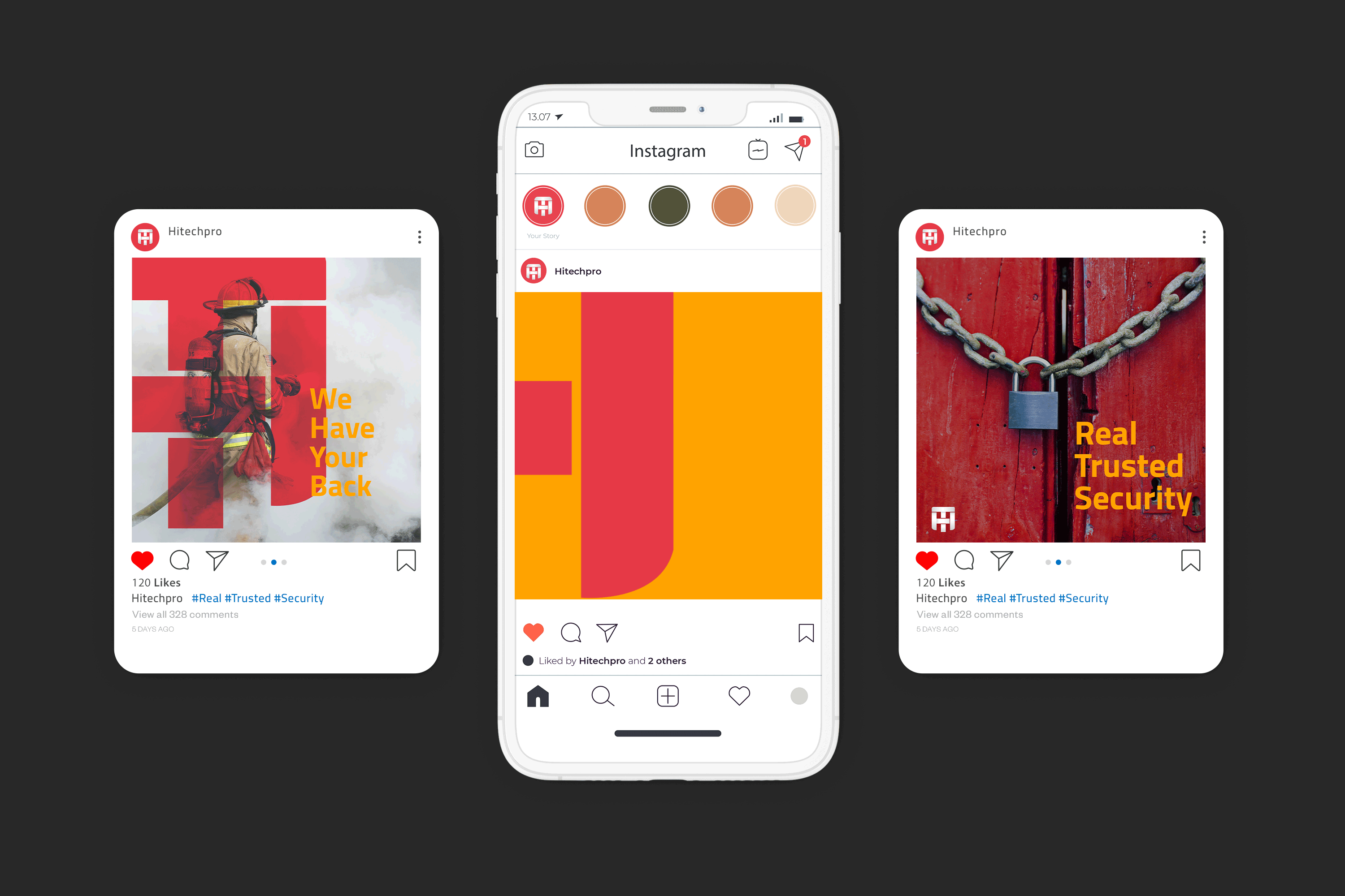 Hi Tech Pro on Instagram — three feed posts: 'We Have Your Back', the shield wordmark, and 'Real Trusted Security'
