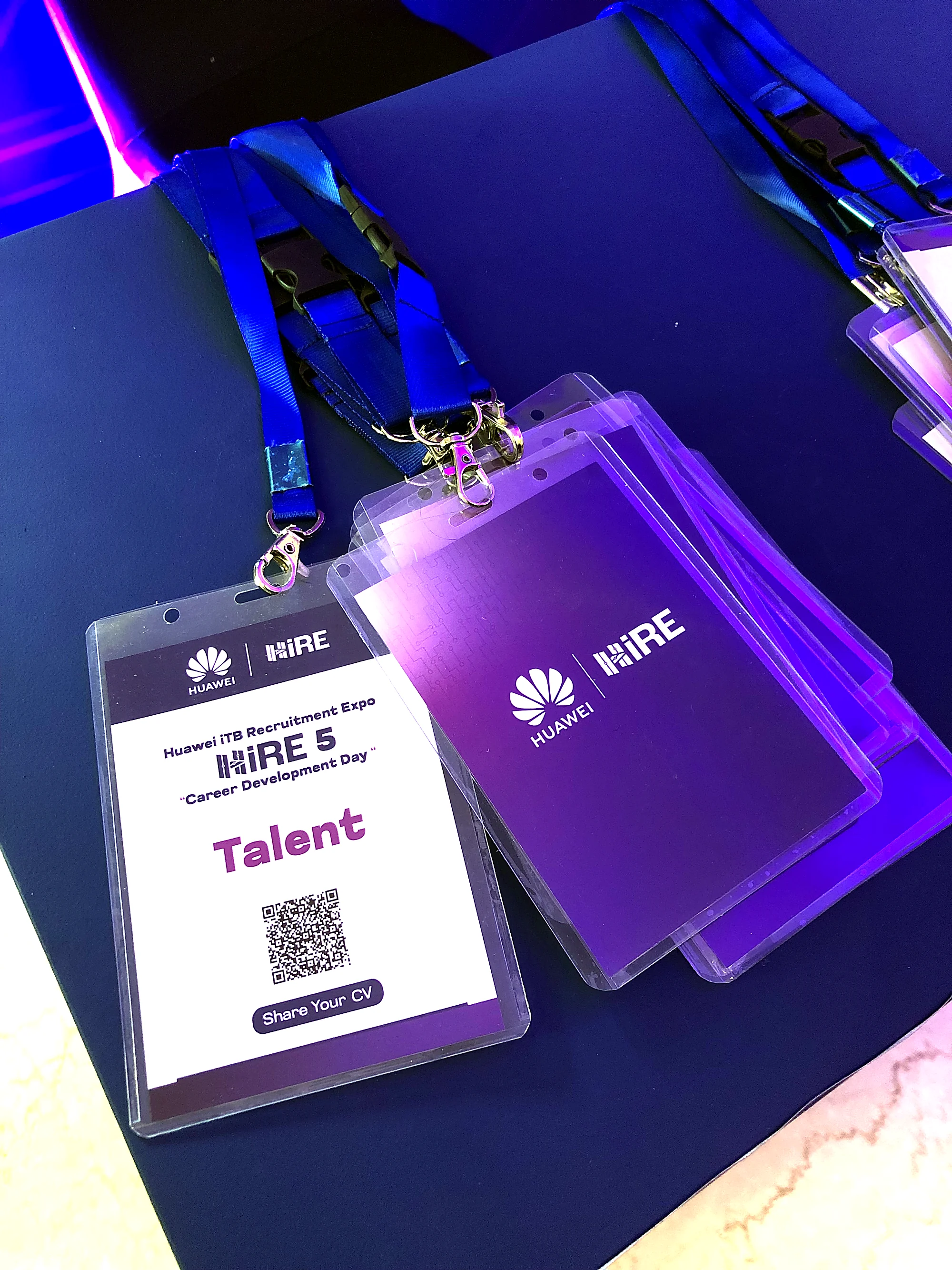 The HiRE 5 Talent name badge and lanyard, with a Share Your CV QR code