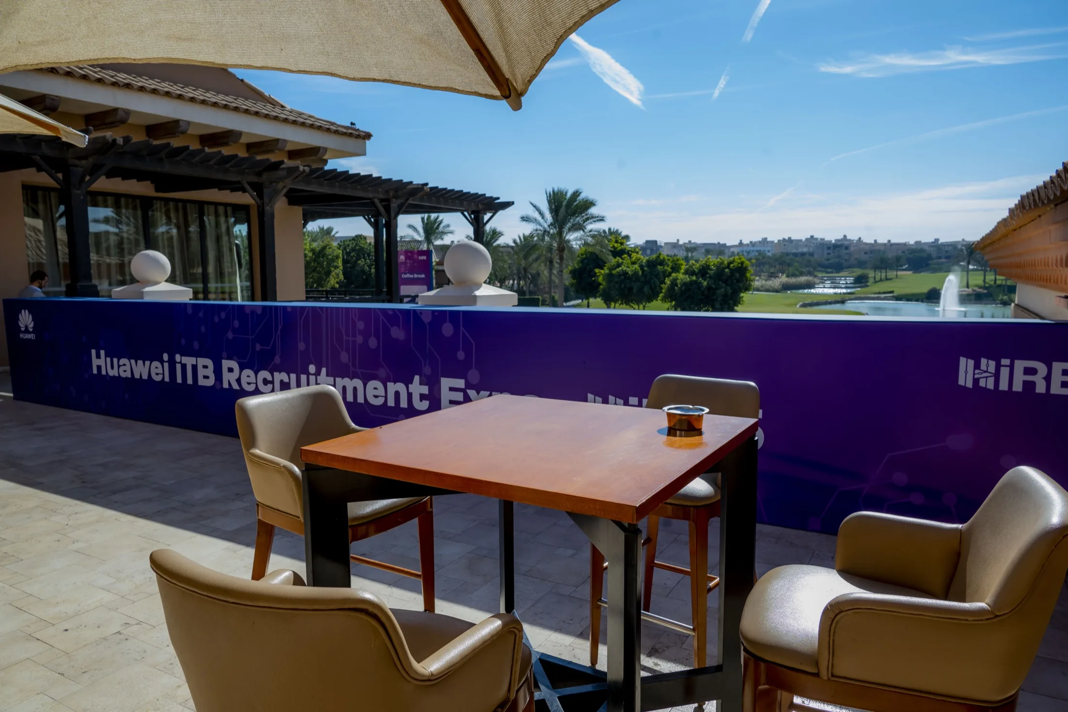 Signing tables set on the open terrace