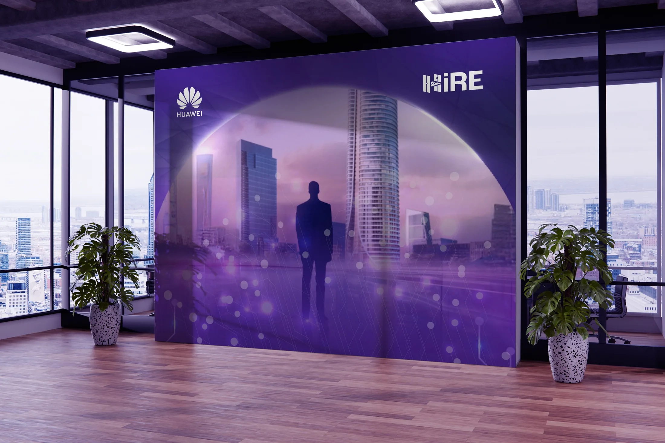 The HiRE 5 master visual on a curved feature wall in a corporate office