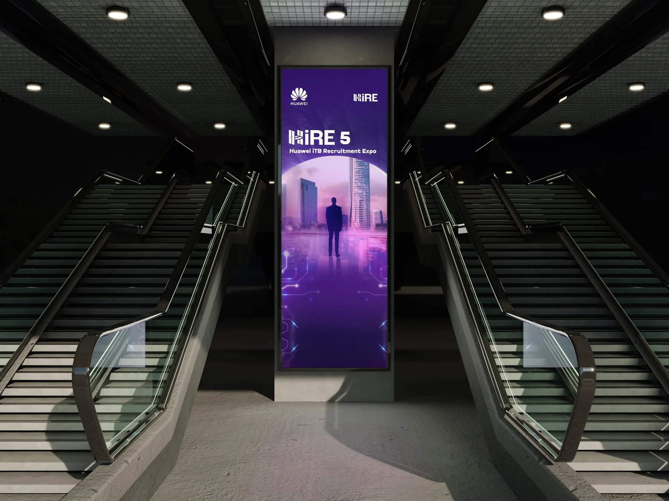 The HiRE 5 master visual on a vertical LED banner in a metro station
