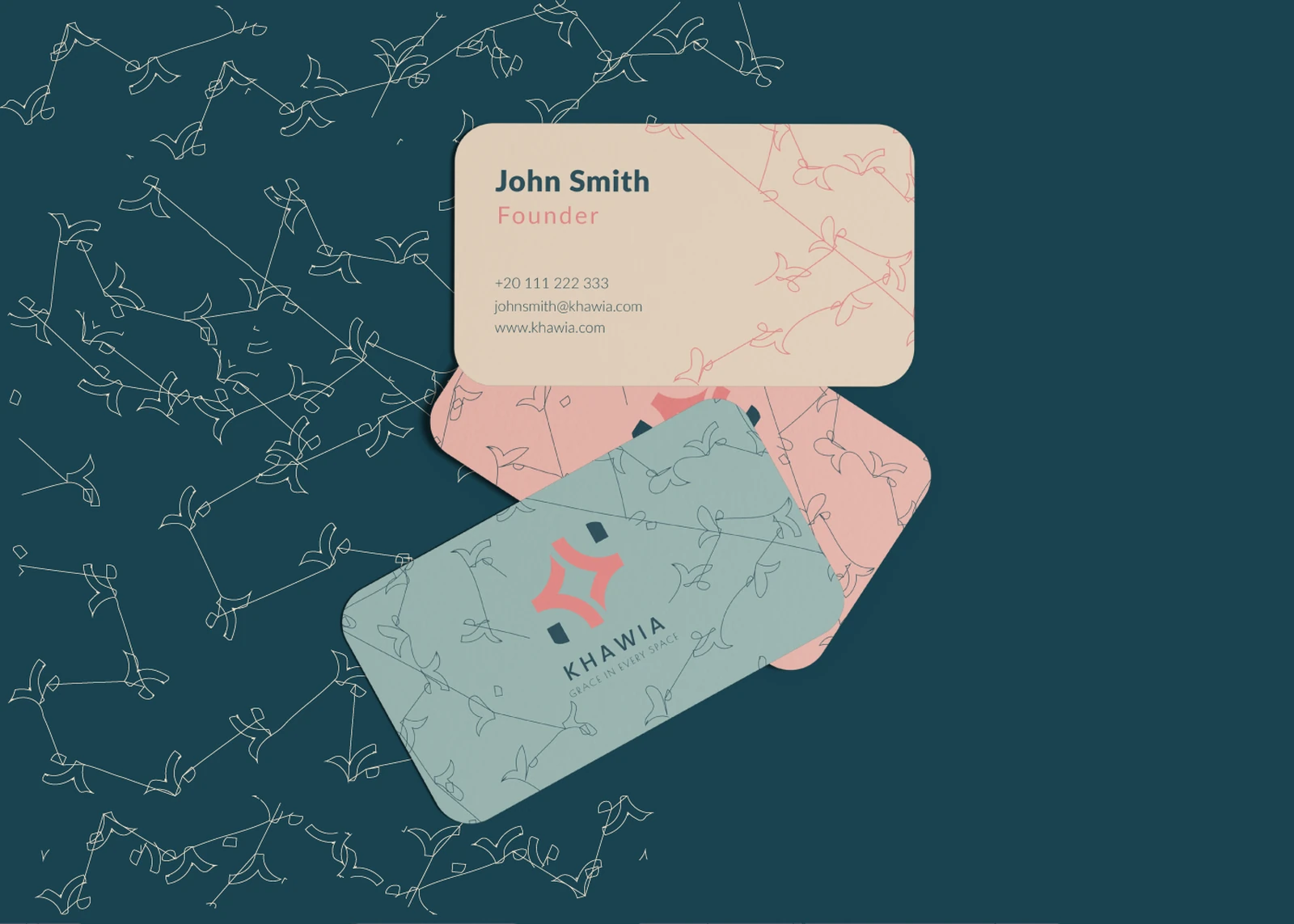 Khawia business cards in three colourways on the petrol constellation