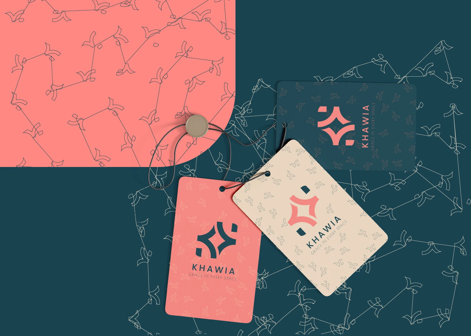 Khawia hang-tags in petrol, coral and bone on the constellation