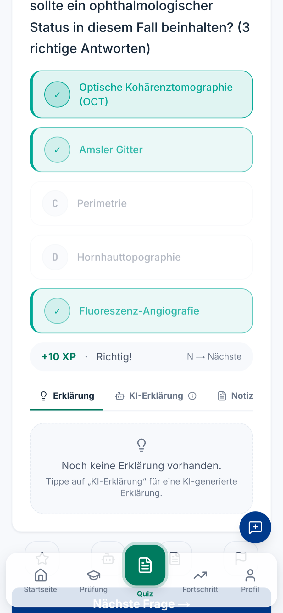 MedPrüf app — answered, with explanation, AI explanation and personal notes