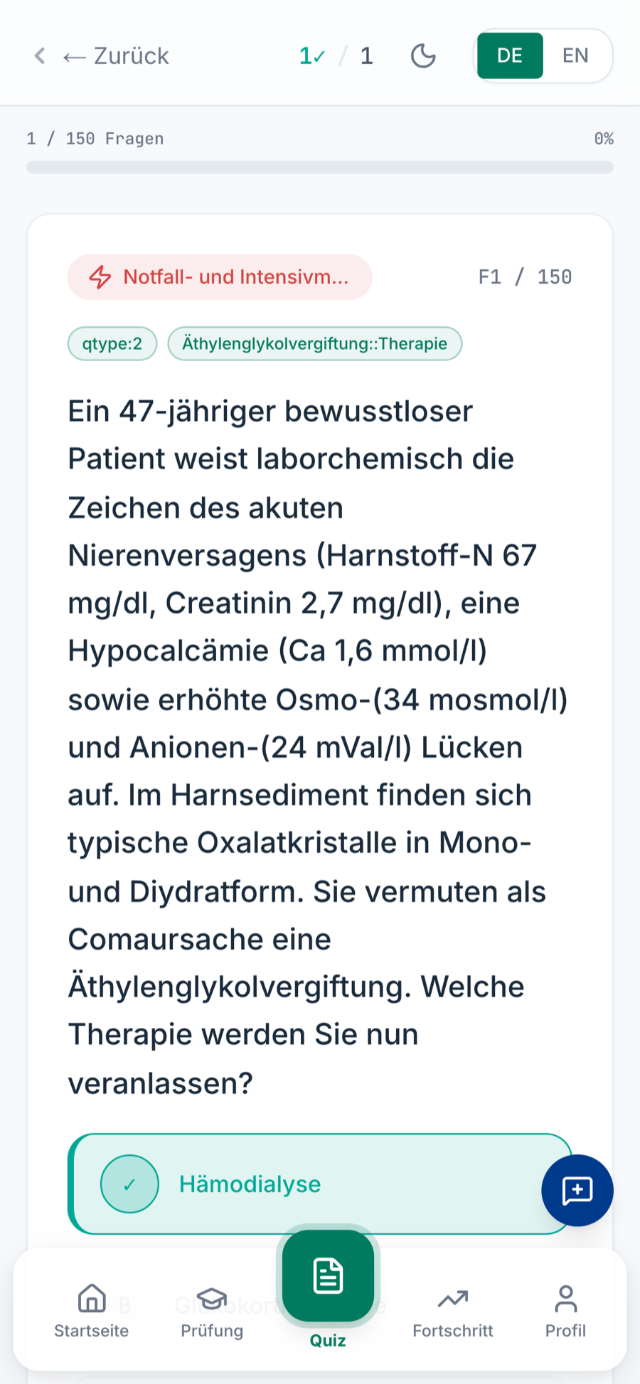 MedPrüf app — a documented Kenntnisprüfung question, answered and checked