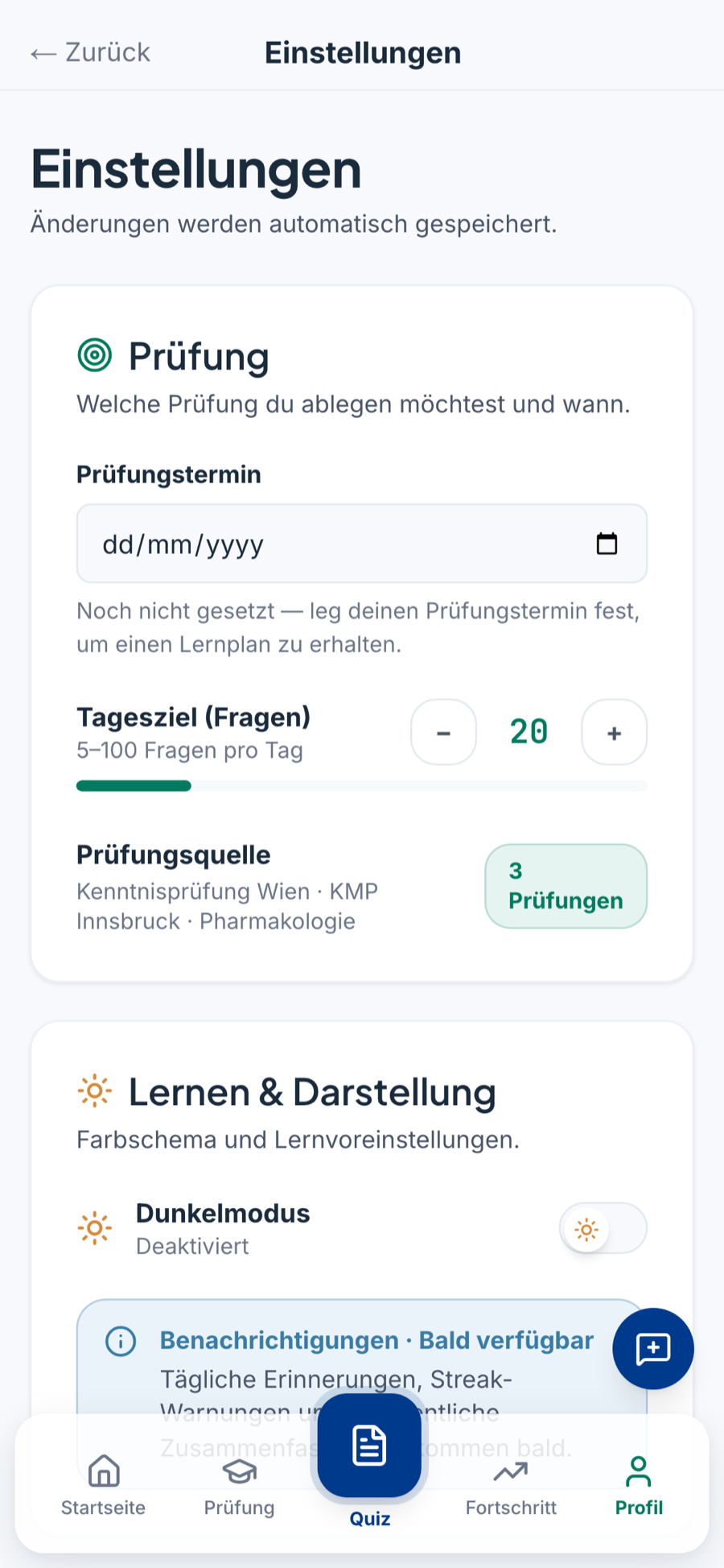 MedPrüf app — settings: exam date, daily goal, dark mode