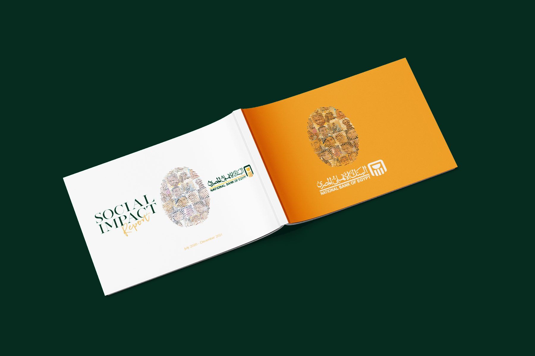 The printed Social Impact Report, open to its cover — a fingerprint built from thousands of human faces, on the bank's green