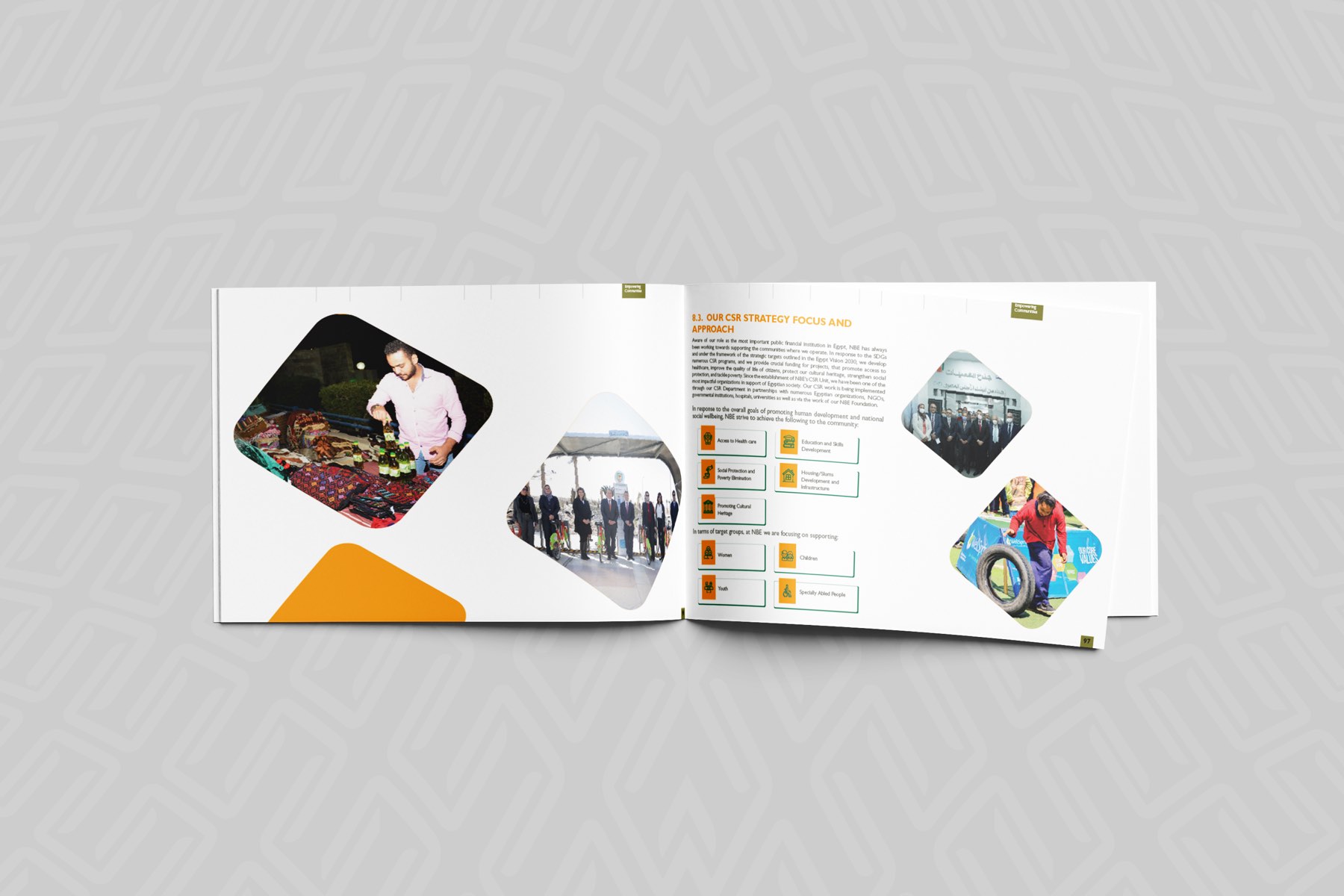 An open spread — a diamond-framed photo grid of the bank's work